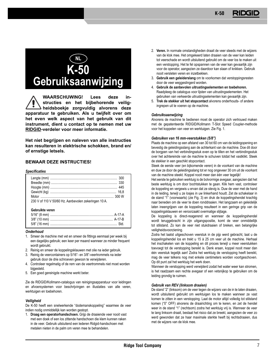 K-50, Gebruiksaanwijzing | RIDGID K-50 User Manual | Page 8 / 39