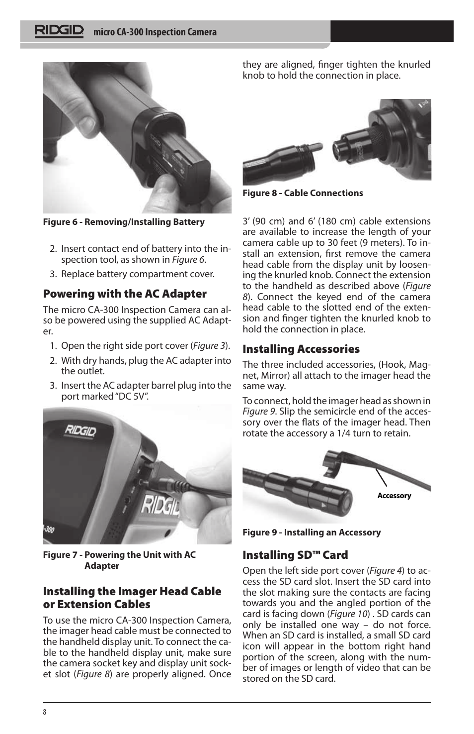 Powering with the ac adapter, Installing accessories, Installing sd™ card | RIDGID micro CA-300 User Manual | Page 10 / 472