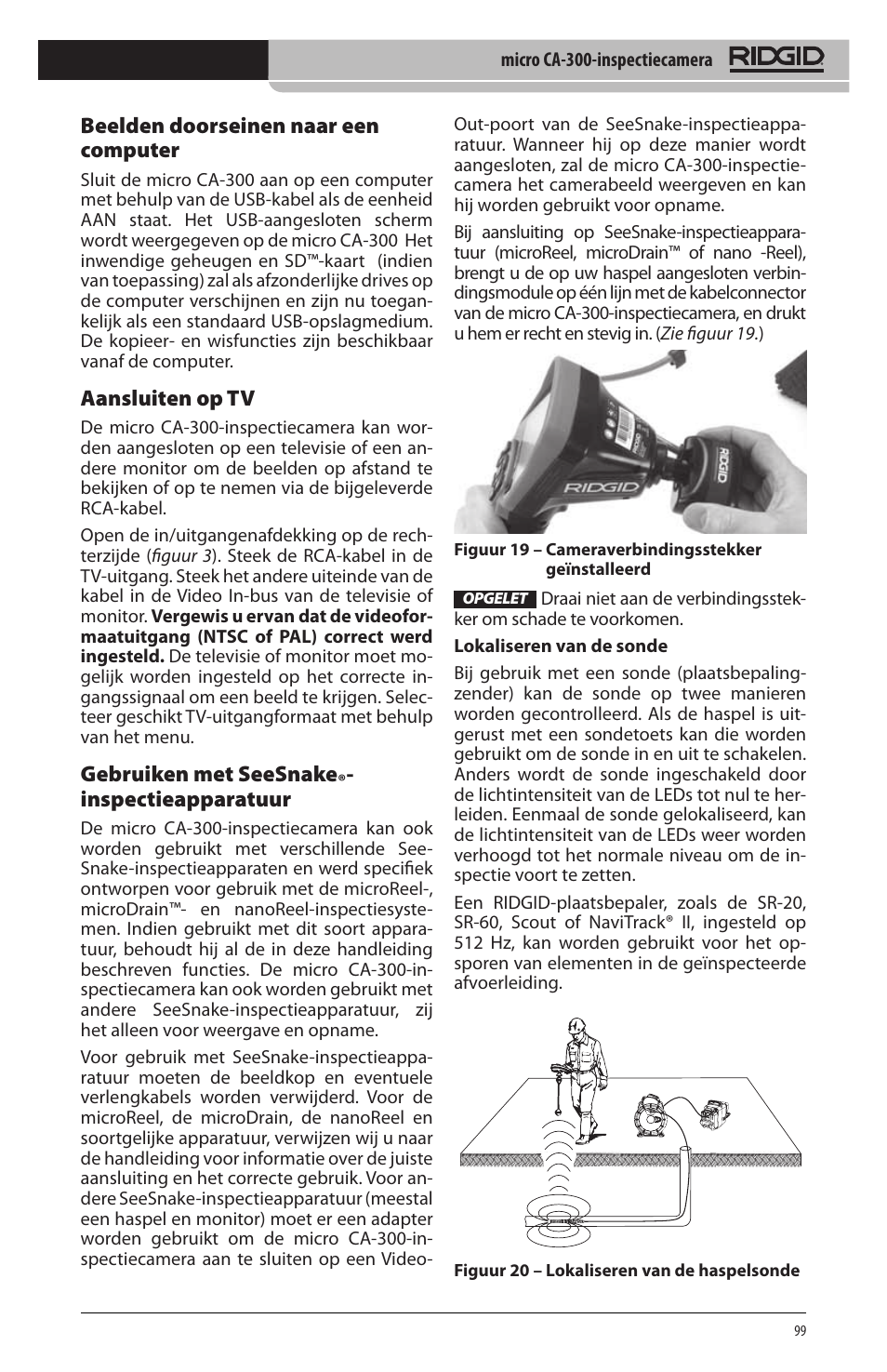 Beelden doorseinen naar een computer, Aansluiten op tv, Gebruiken met seesnake | Inspectieapparatuur | RIDGID micro CA-300 User Manual | Page 101 / 472