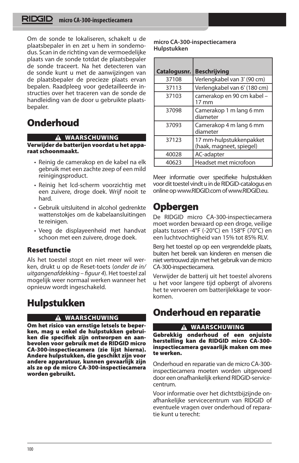 Onderhoud, Hulpstukken, Opbergen | Onderhoud en reparatie, Resetfunctie | RIDGID micro CA-300 User Manual | Page 102 / 472