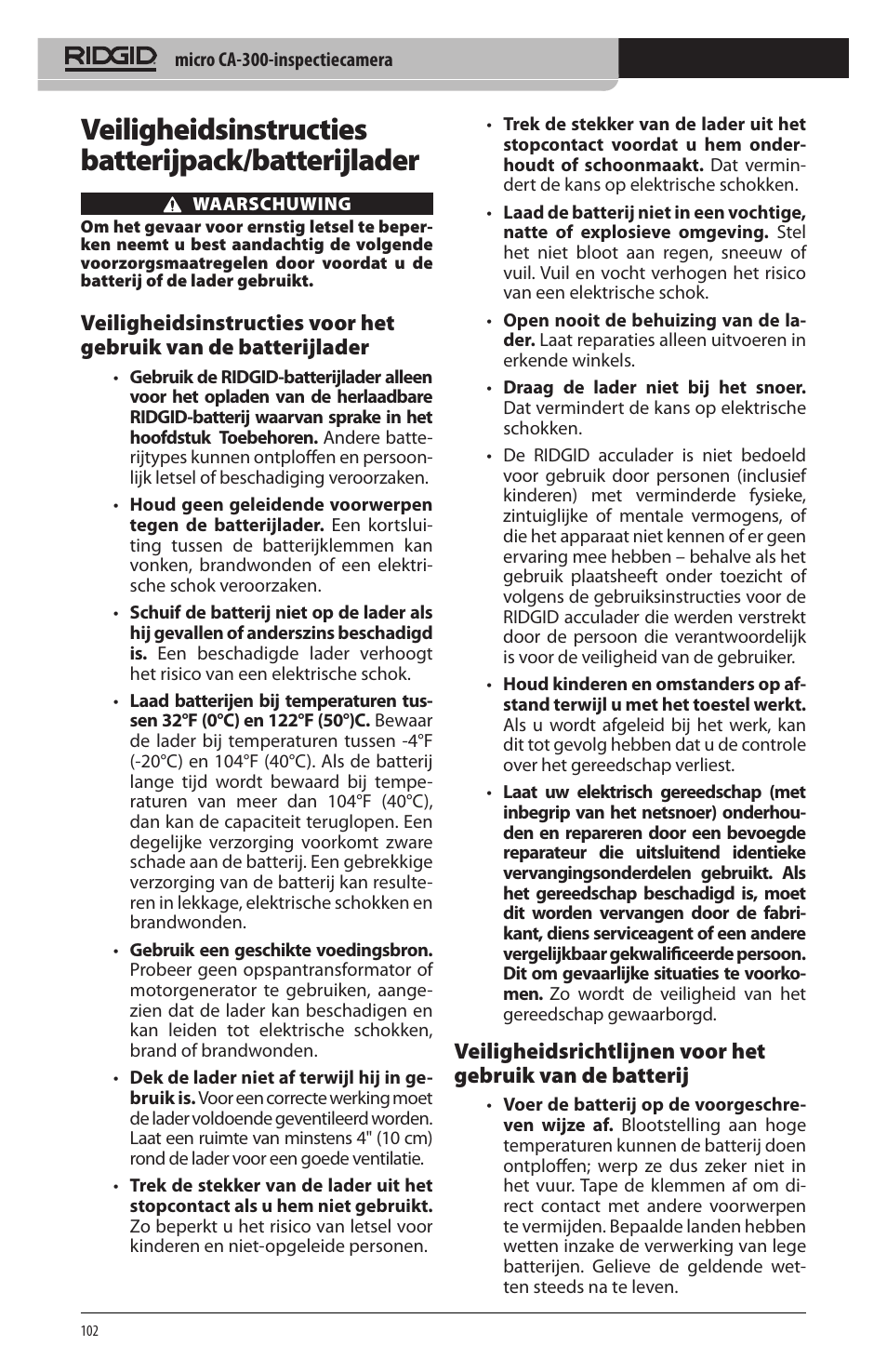 Veiligheidsinstructies batterijpack/batterijlader | RIDGID micro CA-300 User Manual | Page 104 / 472