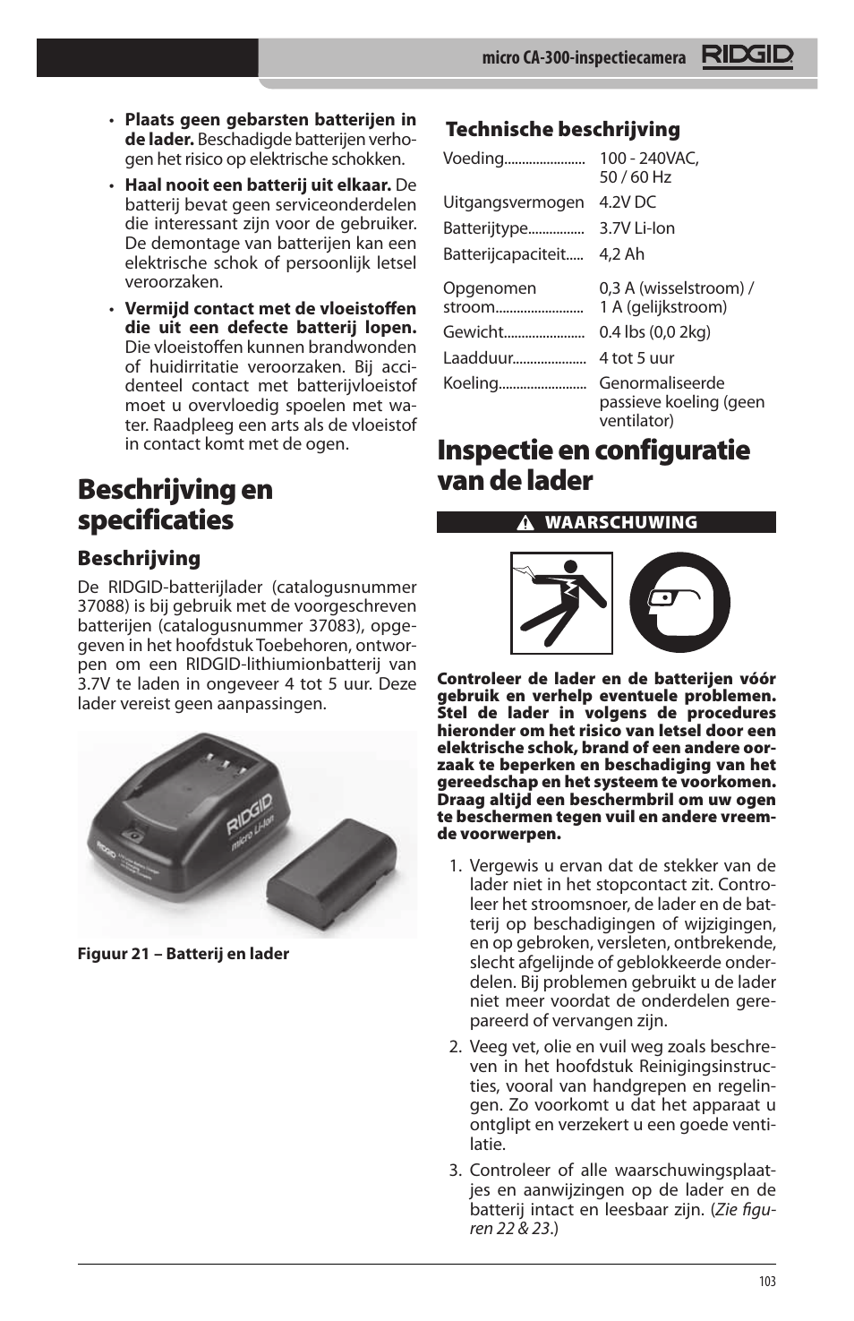 Beschrijving en specificaties, Inspectie en configuratie van de lader, Beschrijving | Technische beschrijving | RIDGID micro CA-300 User Manual | Page 105 / 472