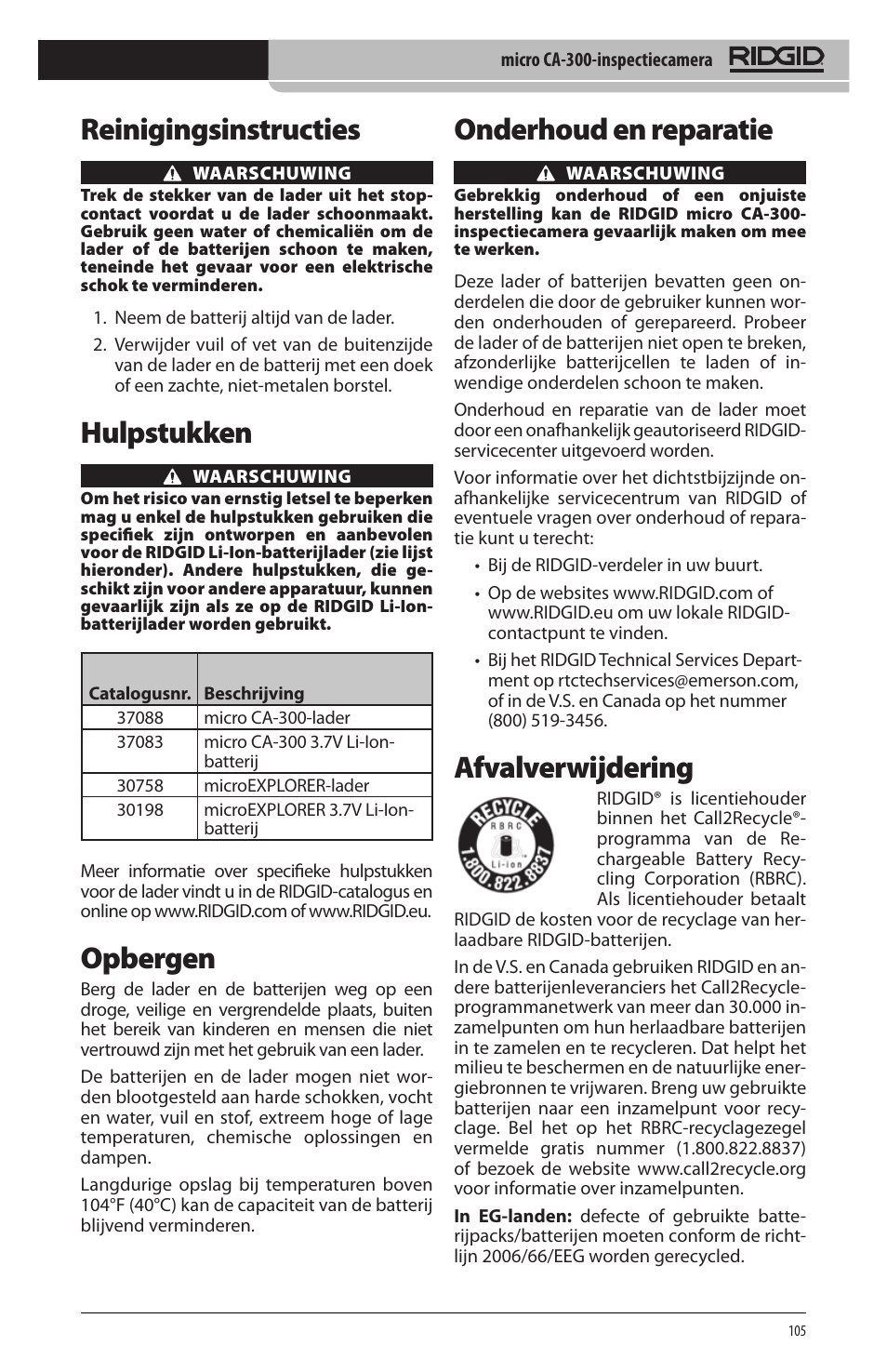 Reinigingsinstructies, Hulpstukken, Opbergen | Onderhoud en reparatie, Afvalverwijdering | RIDGID micro CA-300 User Manual | Page 107 / 472