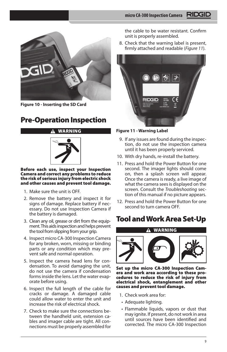 Pre‑operation inspection, Tool and work area set‑up | RIDGID micro CA-300 User Manual | Page 11 / 472