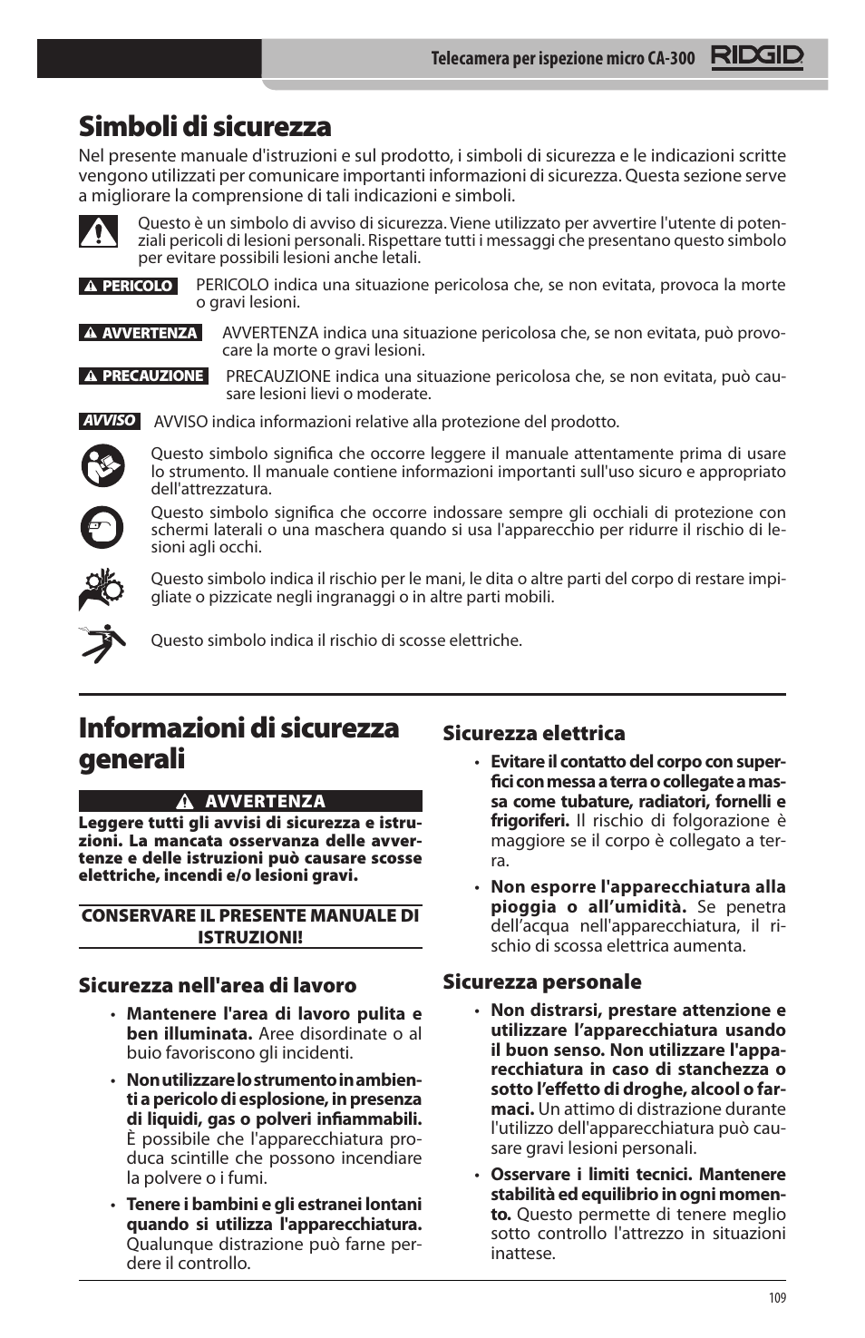 Simboli di sicurezza, Informazioni di sicurezza generali, Sicurezza nell'area di lavoro | Sicurezza elettrica, Sicurezza personale | RIDGID micro CA-300 User Manual | Page 111 / 472