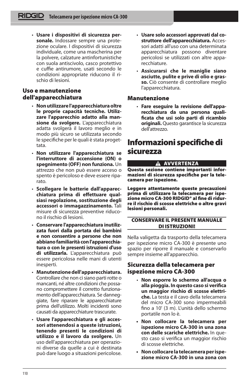 Informazioni specifiche di sicurezza, Uso e manutenzione dell'apparecchiatura, Manutenzione | RIDGID micro CA-300 User Manual | Page 112 / 472