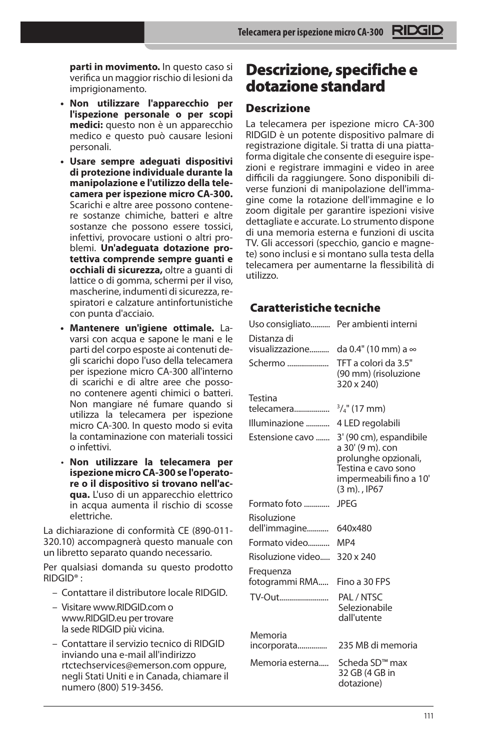 Descrizione, specifiche e dotazione standard, Caratteristiche tecniche, Descrizione | RIDGID micro CA-300 User Manual | Page 113 / 472