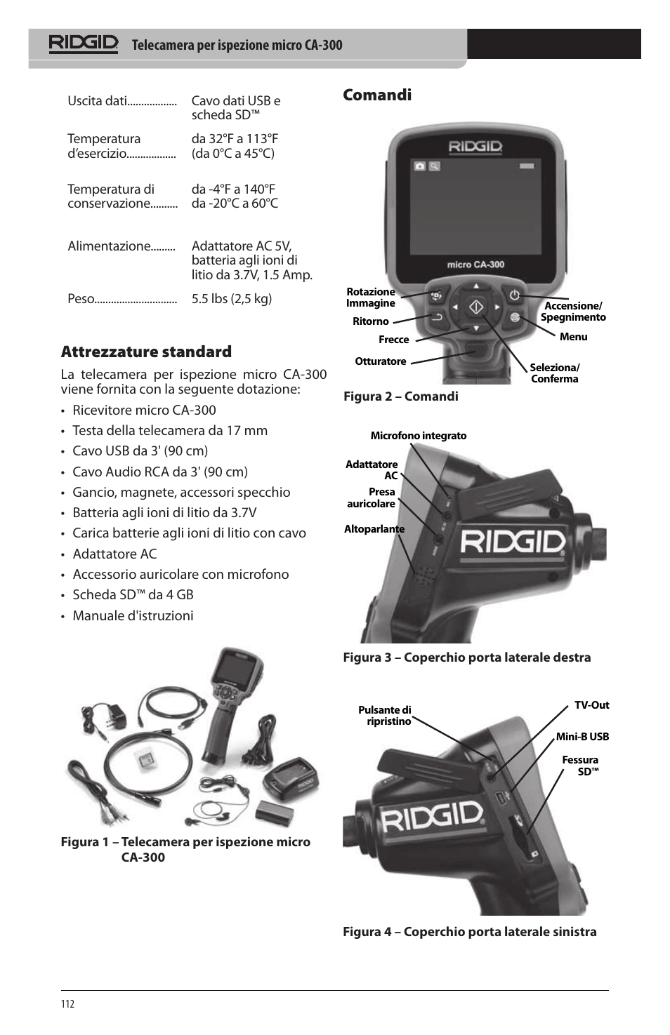 Attrezzature standard, Comandi | RIDGID micro CA-300 User Manual | Page 114 / 472