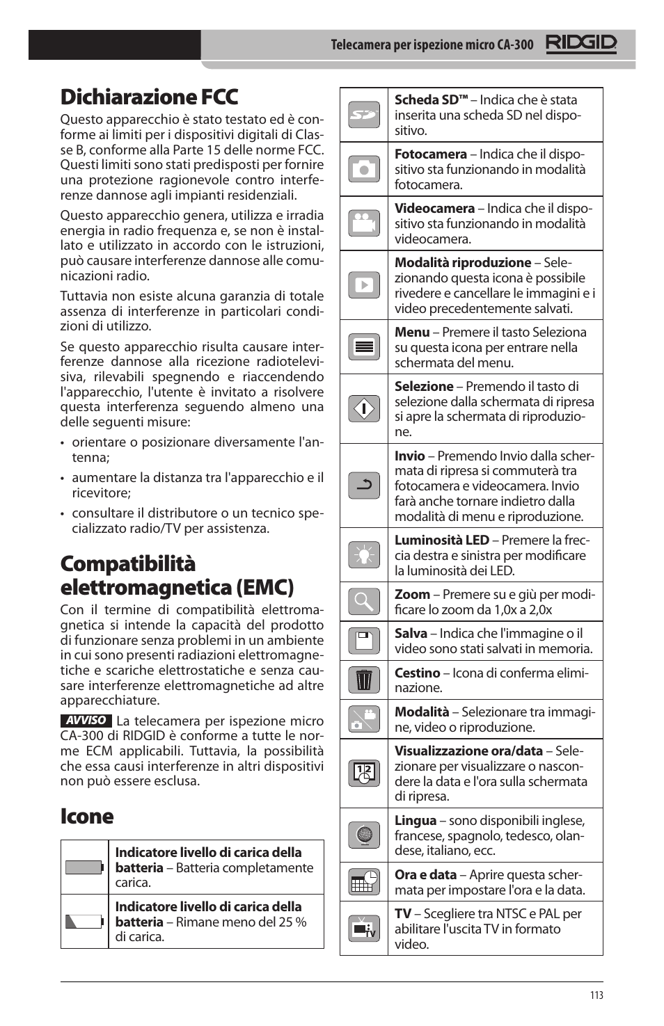 Dichiarazione fcc, Compatibilità elettromagnetica (emc), Icone | RIDGID micro CA-300 User Manual | Page 115 / 472