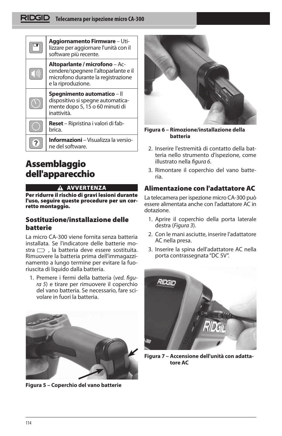 Assemblaggio dell'apparecchio, Sostituzione/installazione delle batterie, Alimentazione con l'adattatore ac | RIDGID micro CA-300 User Manual | Page 116 / 472