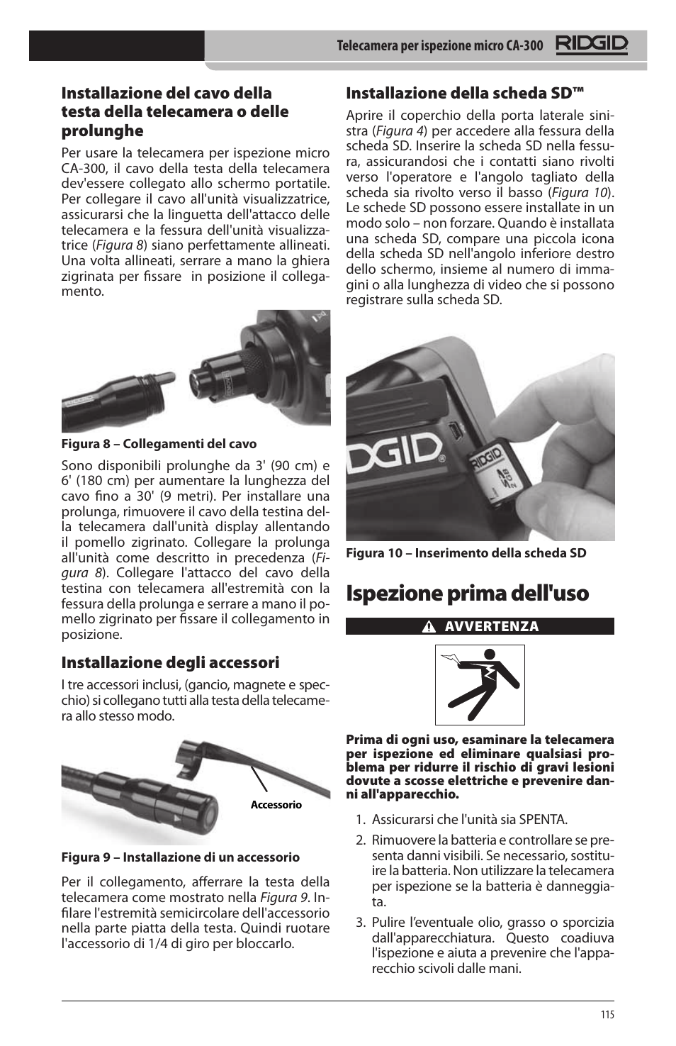 Ispezione prima dell'uso, Installazione degli accessori, Installazione della scheda sd | RIDGID micro CA-300 User Manual | Page 117 / 472