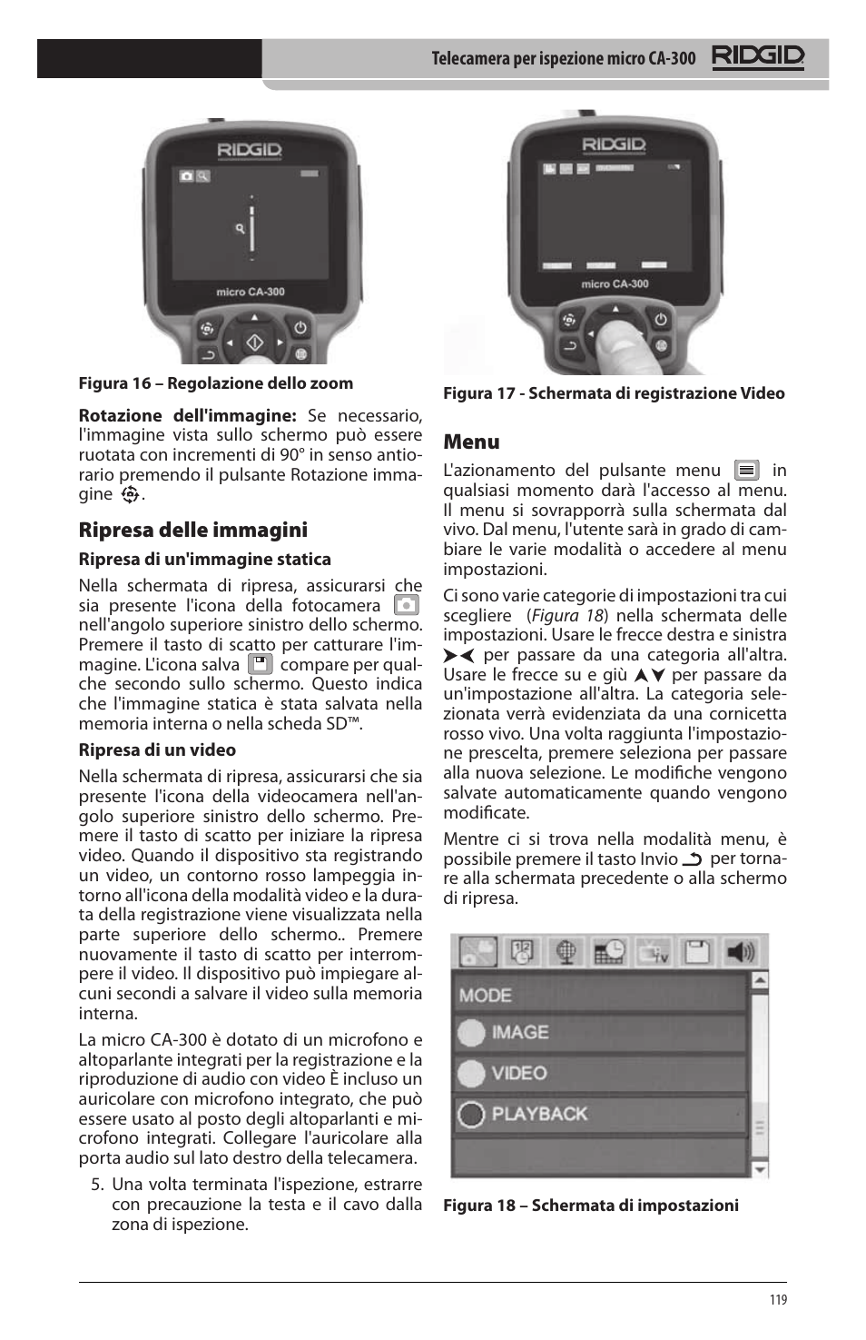 Ripresa delle immagini, Menu | RIDGID micro CA-300 User Manual | Page 121 / 472