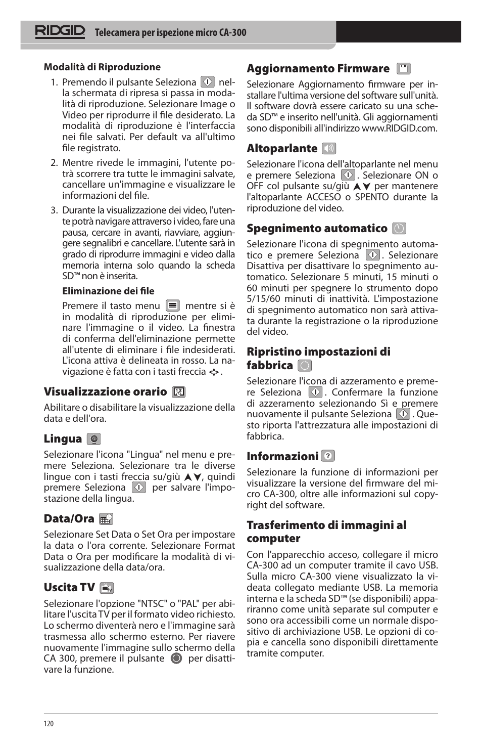 Visualizzazione orario, Lingua, Data/ora | Uscita tv, Aggiornamento firmware, Altoparlante, Spegnimento automatico, Ripristino impostazioni di fabbrica, Informazioni, Trasferimento di immagini al computer | RIDGID micro CA-300 User Manual | Page 122 / 472