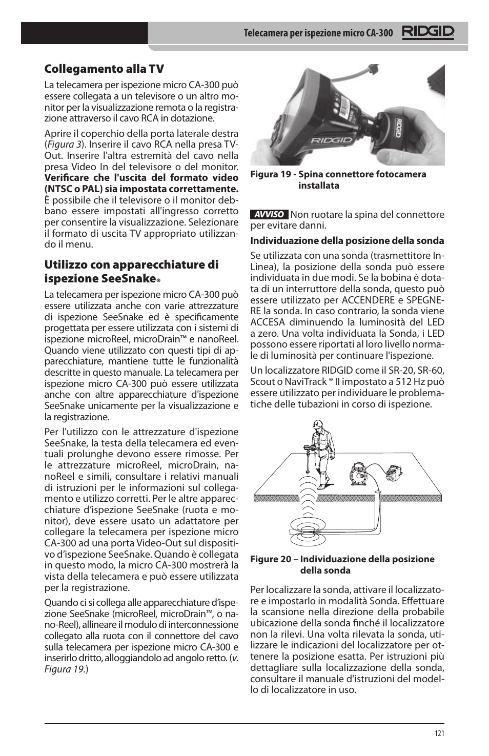 Collegamento alla tv, Utilizzo con apparecchiature di ispezione seesnake | RIDGID micro CA-300 User Manual | Page 123 / 472