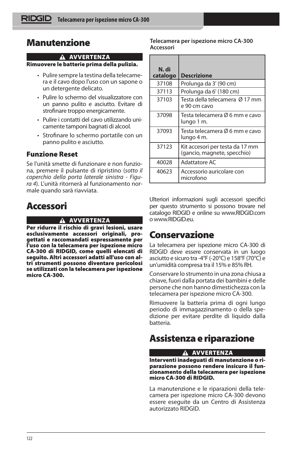 Manutenzione, Accessori, Conservazione | Assistenza e riparazione, Funzione reset | RIDGID micro CA-300 User Manual | Page 124 / 472