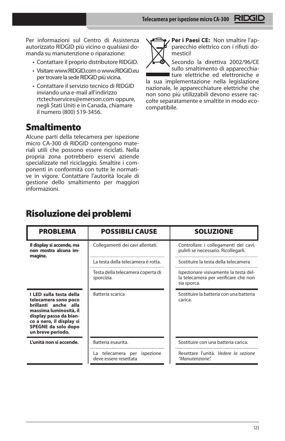 Smaltimento, Risoluzione dei problemi, Problema possibili cause soluzione | RIDGID micro CA-300 User Manual | Page 125 / 472