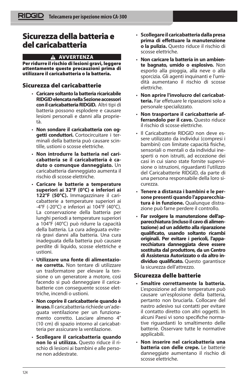 Sicurezza della batteria e del caricabatteria, Sicurezza del caricabatterie, Sicurezza delle batterie | RIDGID micro CA-300 User Manual | Page 126 / 472