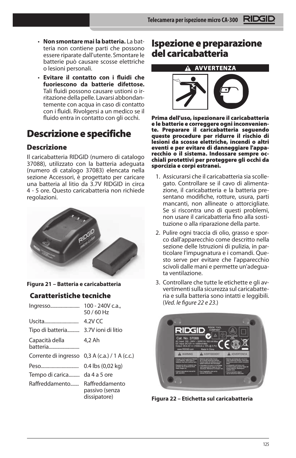 Descrizione e specifiche, Ispezione e preparazione del caricabatteria, Descrizione | Caratteristiche tecniche | RIDGID micro CA-300 User Manual | Page 127 / 472