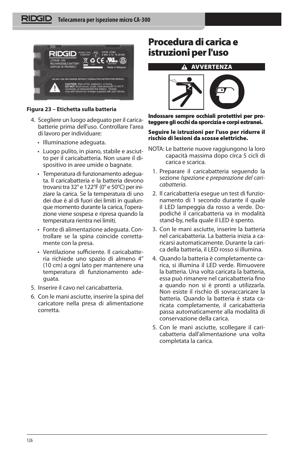 Procedura di carica e istruzioni per l'uso | RIDGID micro CA-300 User Manual | Page 128 / 472