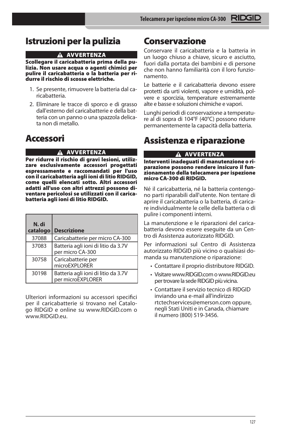 Istruzioni per la pulizia, Accessori, Conservazione | Assistenza e riparazione | RIDGID micro CA-300 User Manual | Page 129 / 472