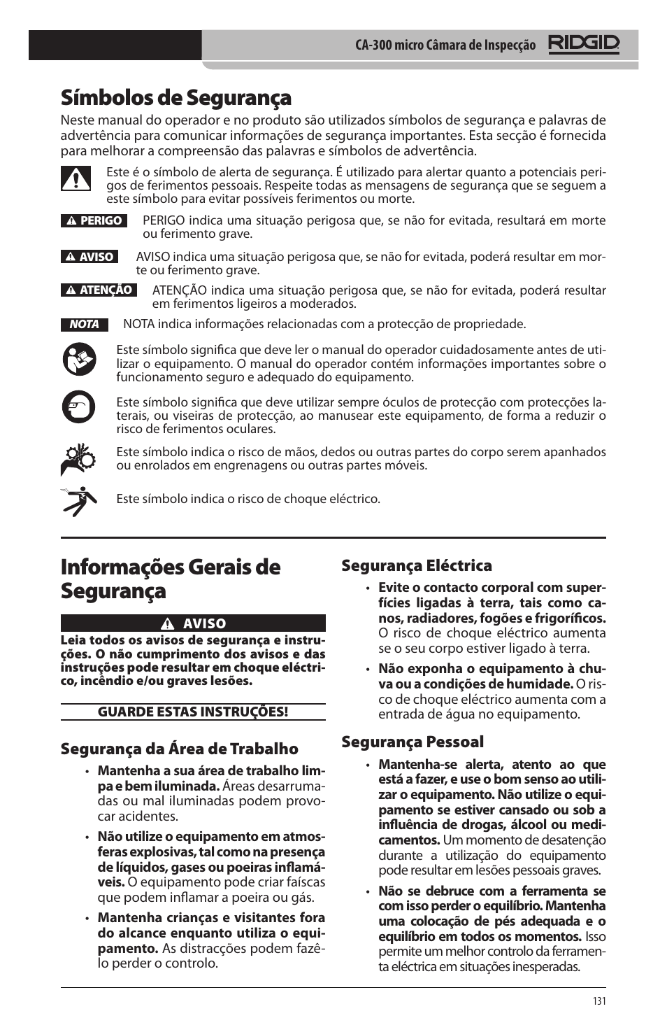 Símbolos de segurança, Informações gerais de segurança, Segurança da área de trabalho | Segurança eléctrica, Segurança pessoal | RIDGID micro CA-300 User Manual | Page 133 / 472