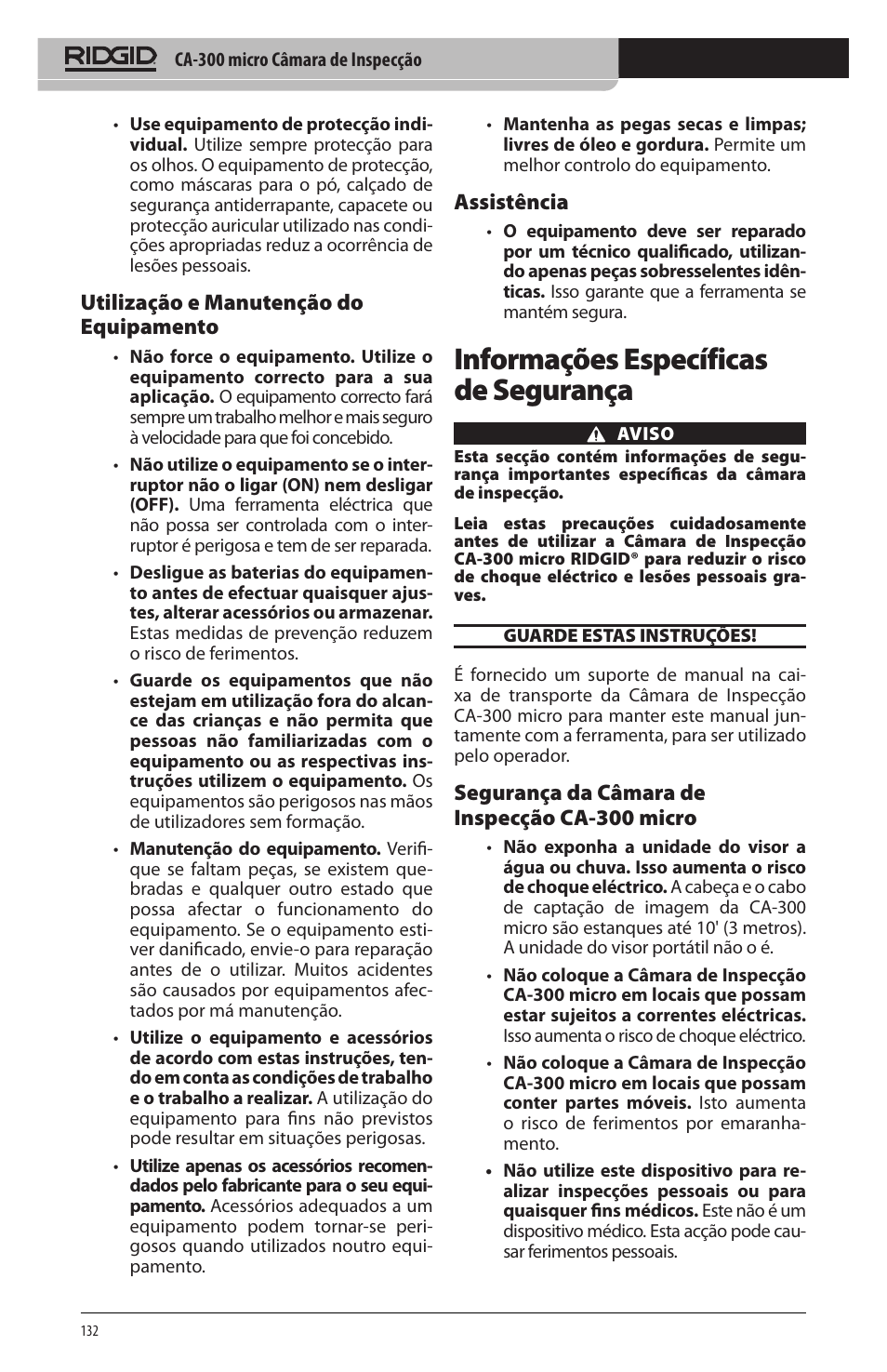 Informações específicas de segurança, Utilização e manutenção do equipamento, Assistência | Segurança da câmara de inspecção ca‑300 micro | RIDGID micro CA-300 User Manual | Page 134 / 472