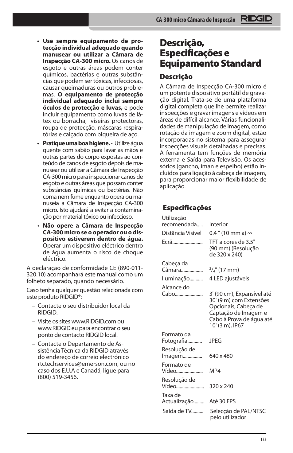 Descrição, especificações e equipamento standard, Especificações, Descrição | RIDGID micro CA-300 User Manual | Page 135 / 472