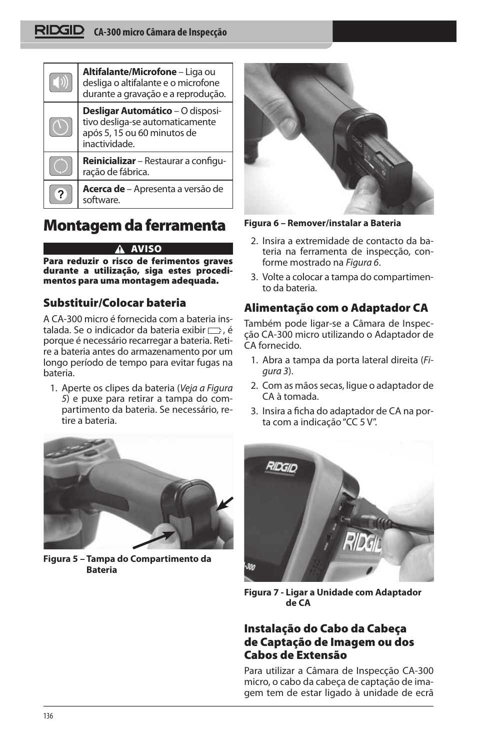 Montagem da ferramenta, Substituir/colocar bateria, Alimentação com o adaptador ca | RIDGID micro CA-300 User Manual | Page 138 / 472