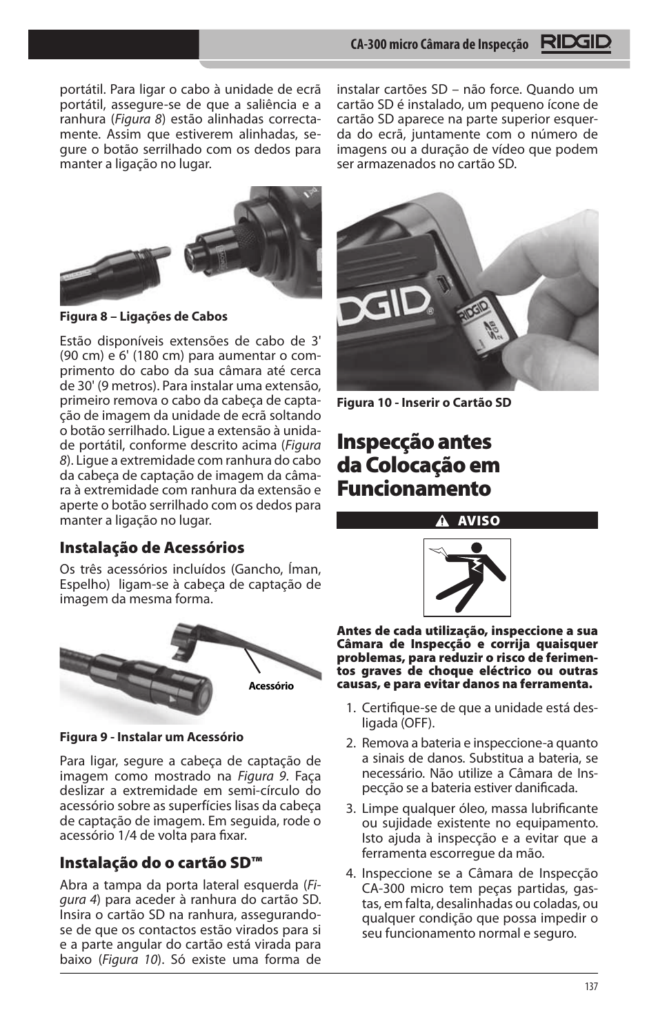 Inspecção antes da colocação em funcionamento, Instalação de acessórios, Instalação do o cartão sd | RIDGID micro CA-300 User Manual | Page 139 / 472