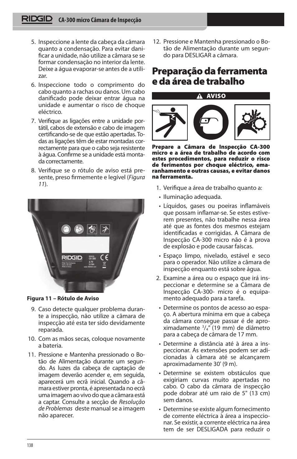 Preparação da ferramenta e da área de trabalho | RIDGID micro CA-300 User Manual | Page 140 / 472