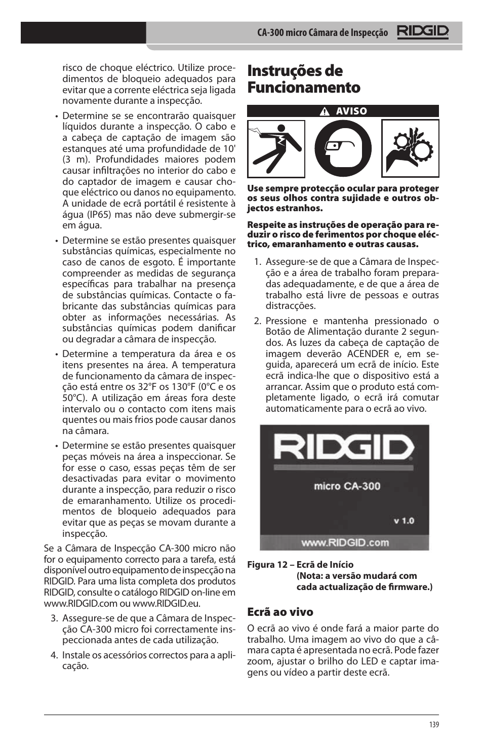 Instruções de funcionamento, Ecrã ao vivo | RIDGID micro CA-300 User Manual | Page 141 / 472