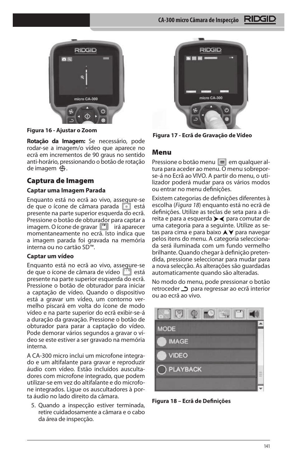 Captura de imagem, Menu | RIDGID micro CA-300 User Manual | Page 143 / 472