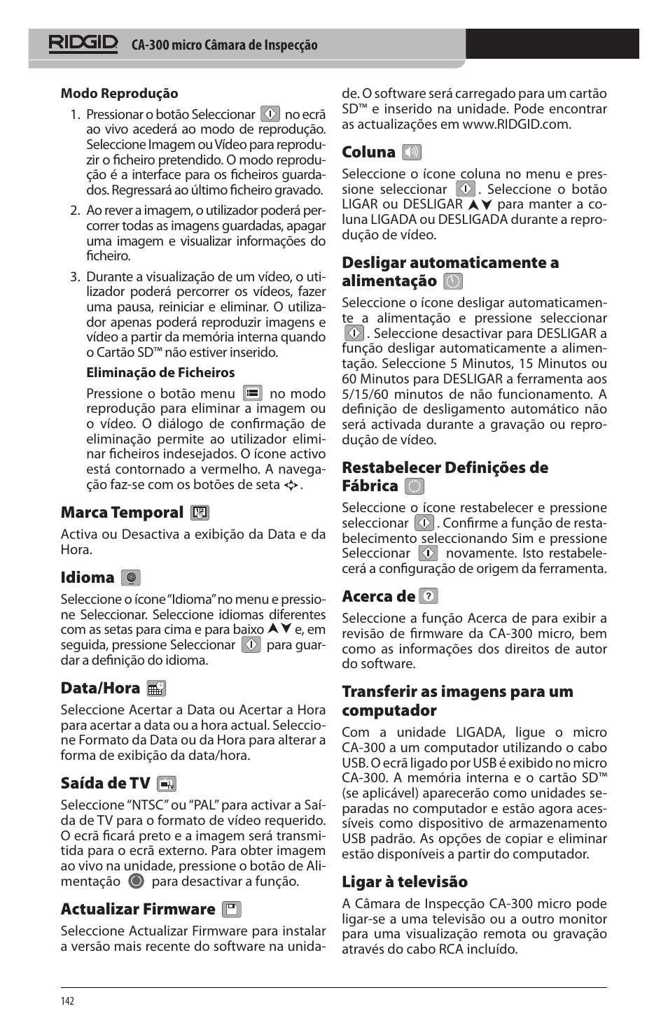 Marca temporal, Idioma, Data/hora | Saída de tv, Actualizar firmware, Coluna, Desligar automaticamente a alimentação, Restabelecer definições de fábrica, Acerca de, Transferir as imagens para um computador | RIDGID micro CA-300 User Manual | Page 144 / 472