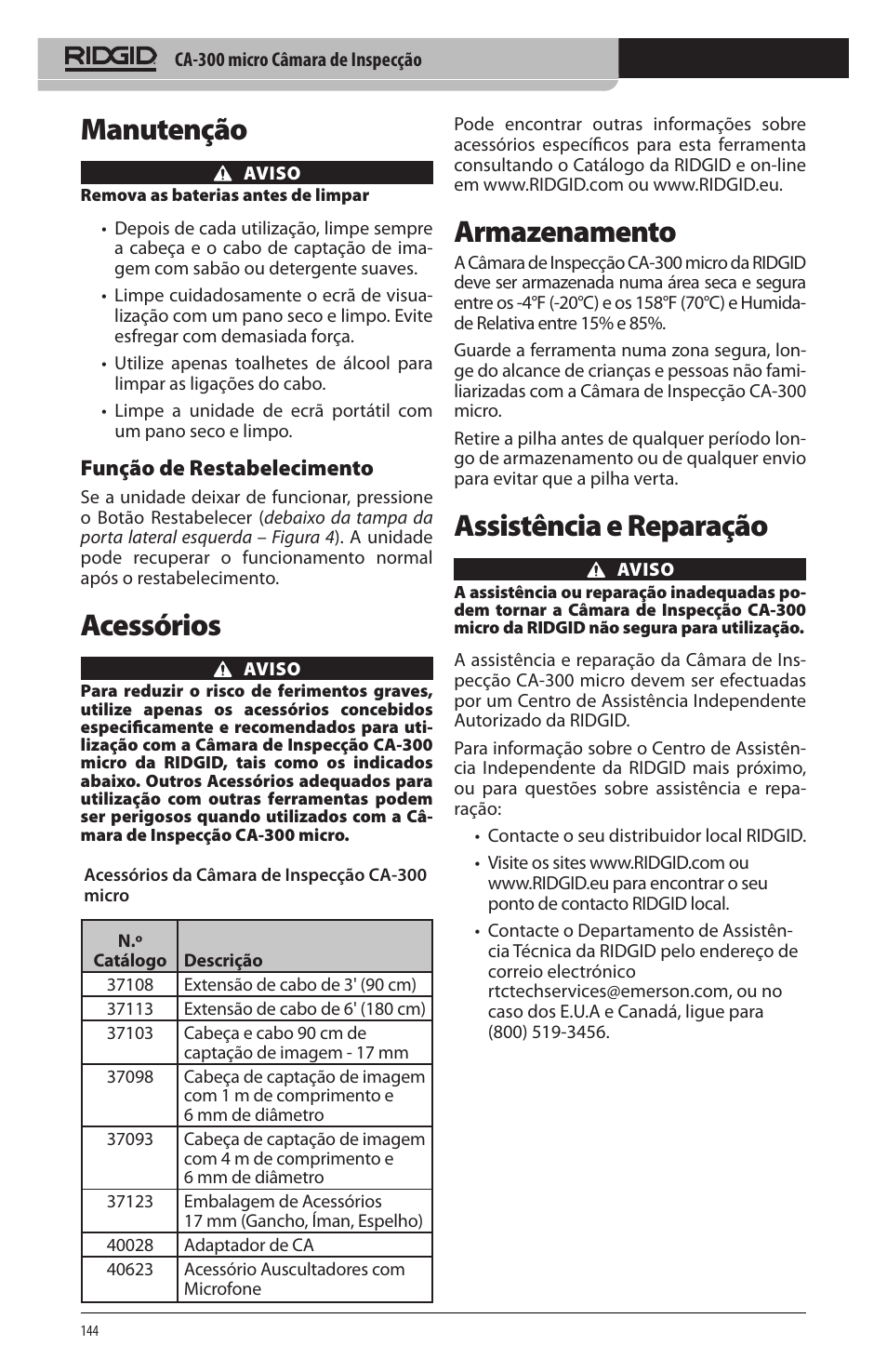 Manutenção, Acessórios, Armazenamento | Assistência e reparação, Função de restabelecimento | RIDGID micro CA-300 User Manual | Page 146 / 472