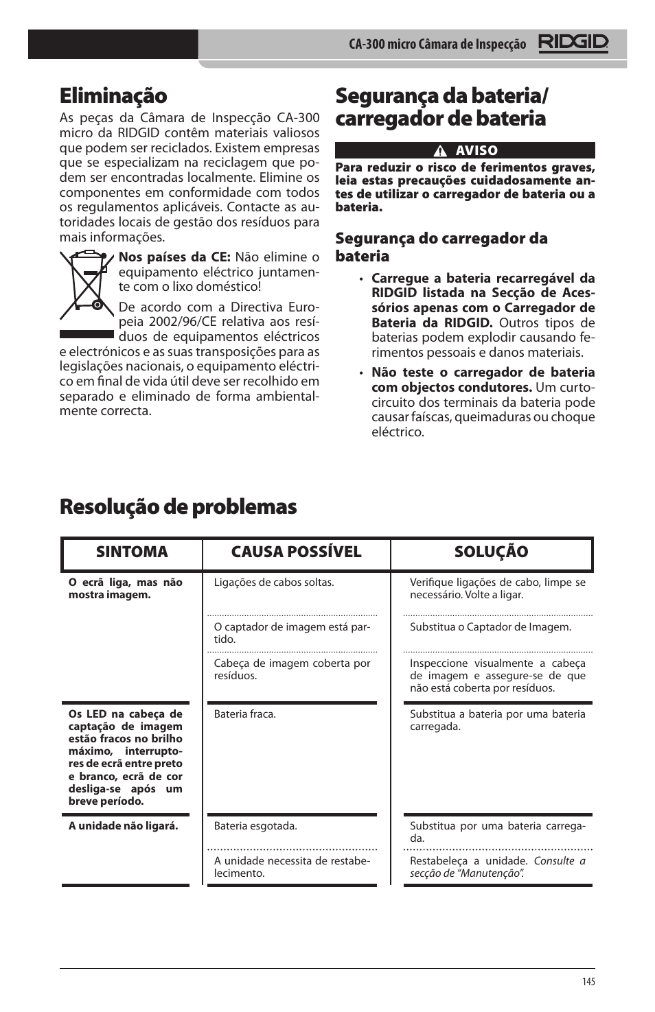 Eliminação, Segurança da bateria/ carregador de bateria, Resolução de problemas | Sintoma causa possível solução, Segurança do carregador da bateria | RIDGID micro CA-300 User Manual | Page 147 / 472