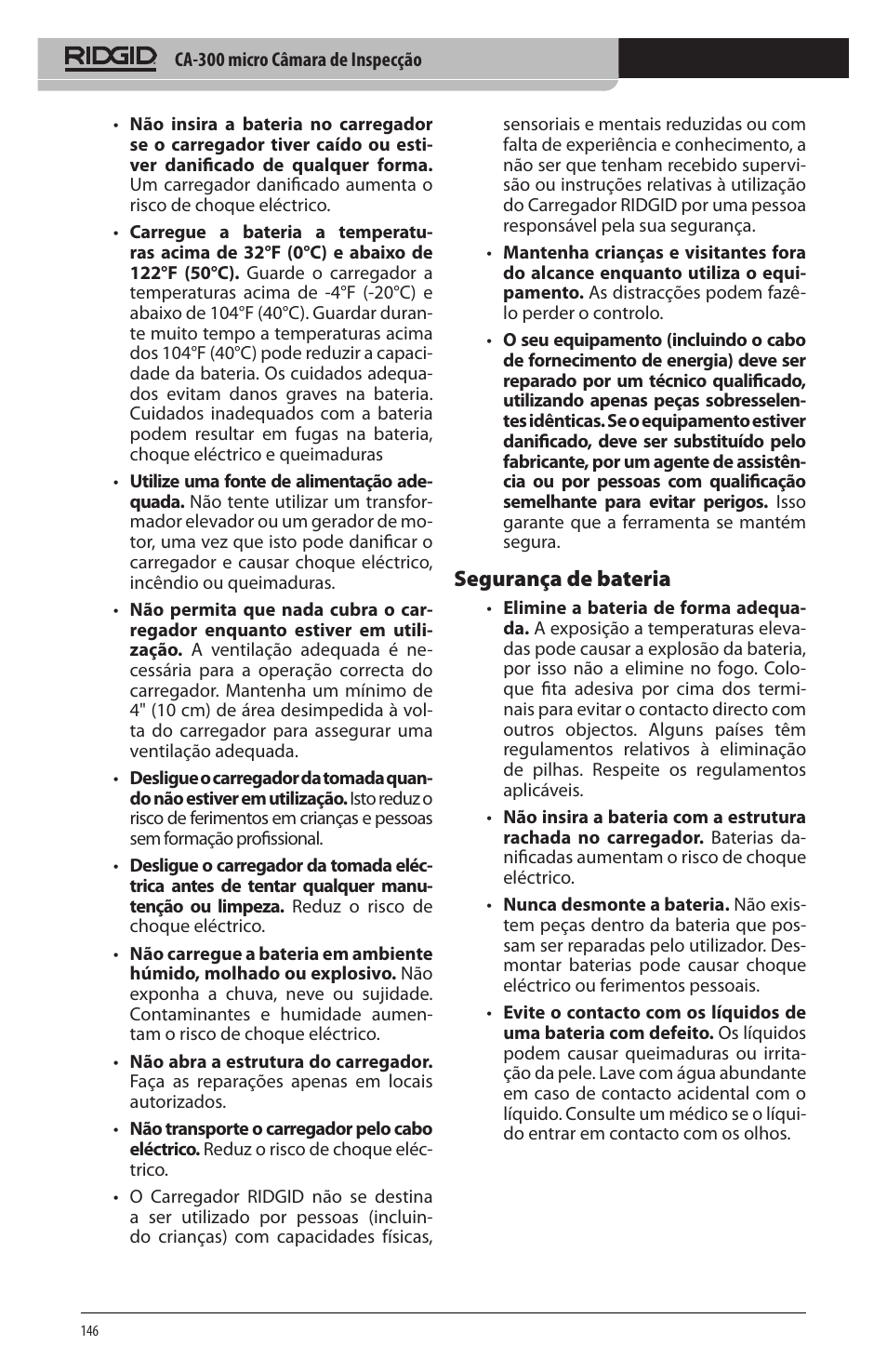 Segurança de bateria | RIDGID micro CA-300 User Manual | Page 148 / 472