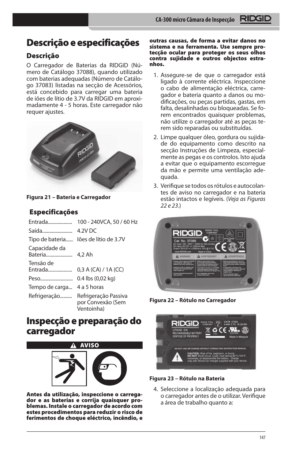 Descrição e especificações, Inspecção e preparação do carregador, Descrição | Especificações | RIDGID micro CA-300 User Manual | Page 149 / 472