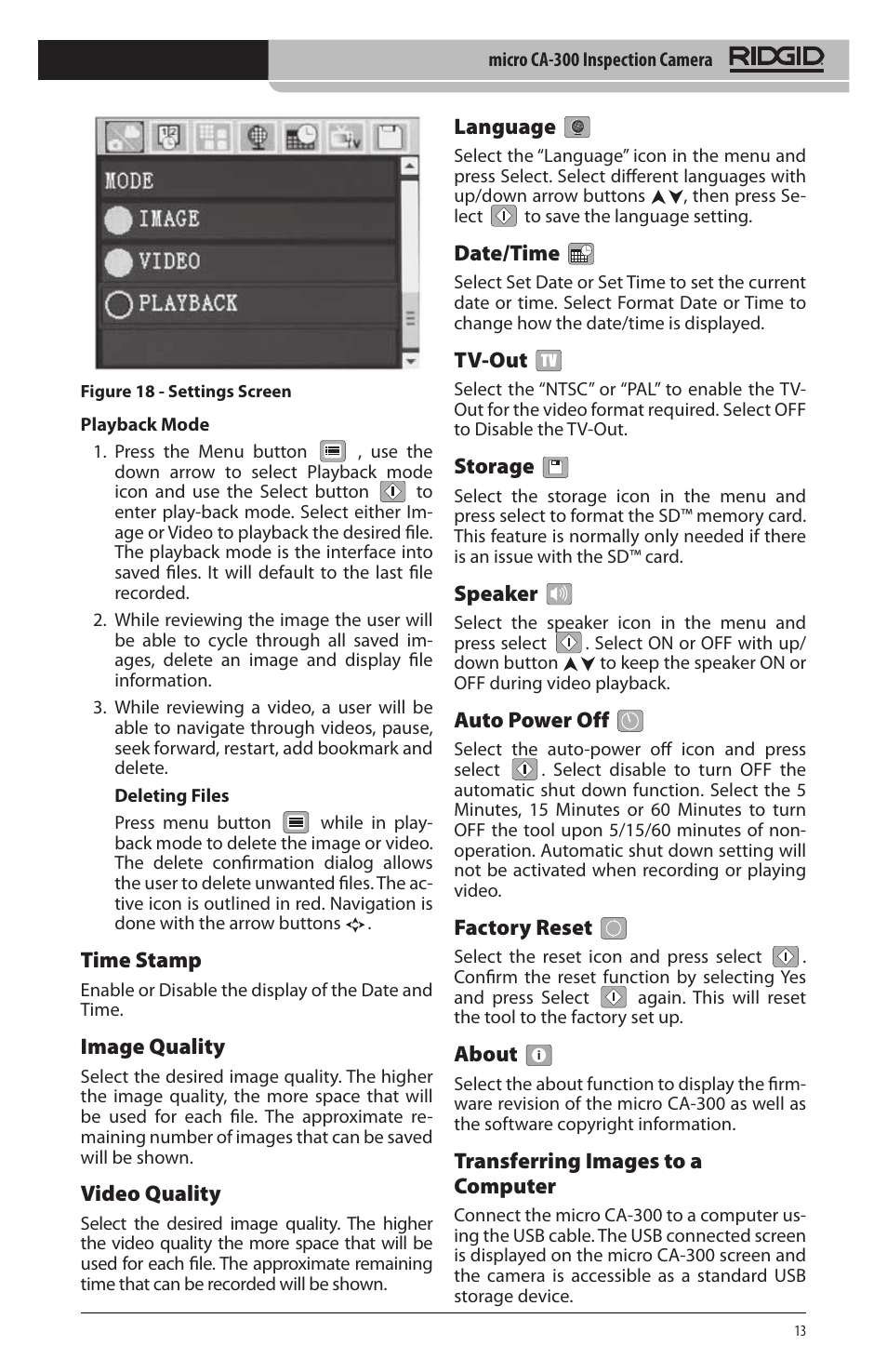 Time stamp, Image quality, Video quality | Language, Date/time, Tv‑out, Storage, Speaker, Auto power off, Factory reset | RIDGID micro CA-300 User Manual | Page 15 / 472