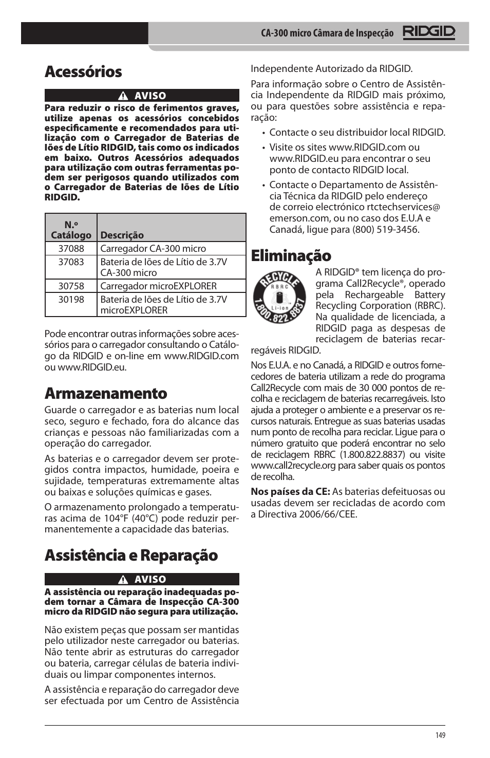 Acessórios, Armazenamento, Assistência e reparação | Eliminação | RIDGID micro CA-300 User Manual | Page 151 / 472