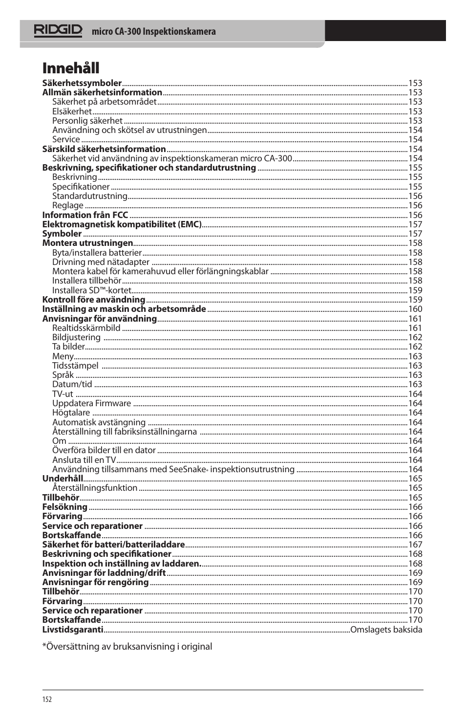 Innehåll | RIDGID micro CA-300 User Manual | Page 154 / 472