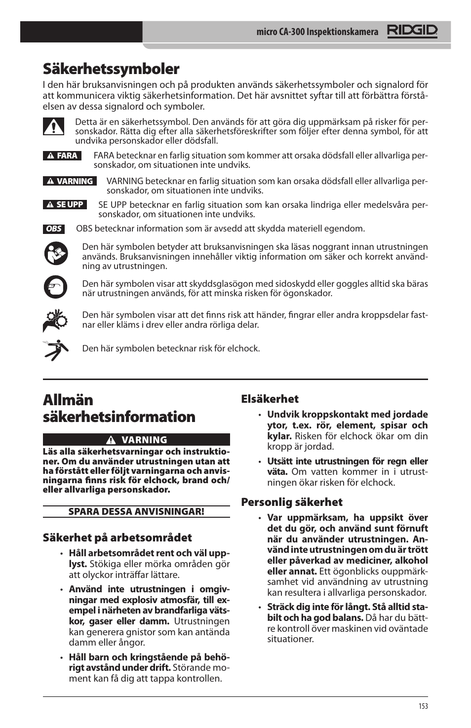 Säkerhetssymboler, Allmän säkerhetsinformation, Innehåll | RIDGID micro CA-300 User Manual | Page 155 / 472