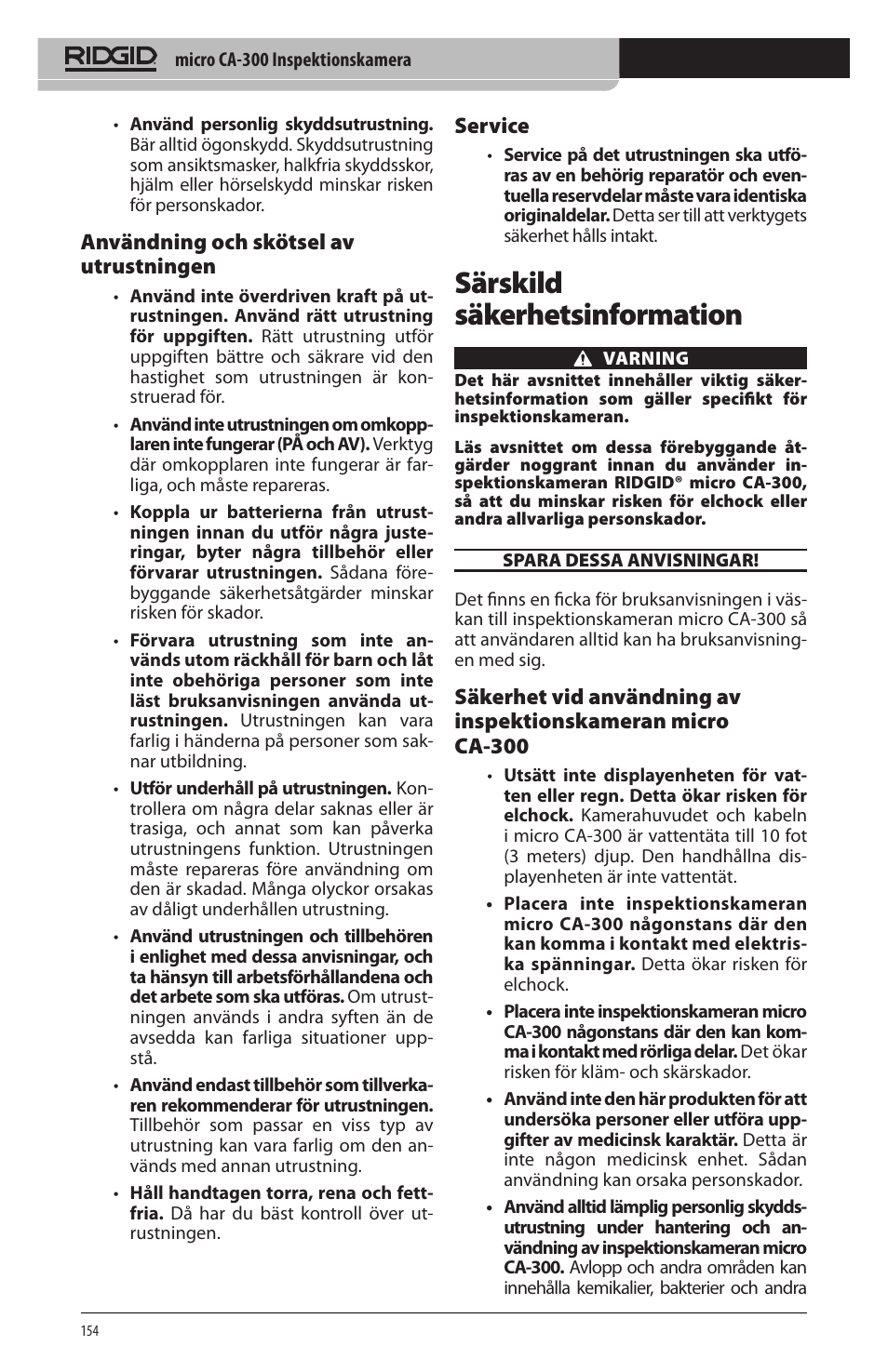 Särskild säkerhetsinformation, Användning och skötsel av utrustningen, Service | RIDGID micro CA-300 User Manual | Page 156 / 472