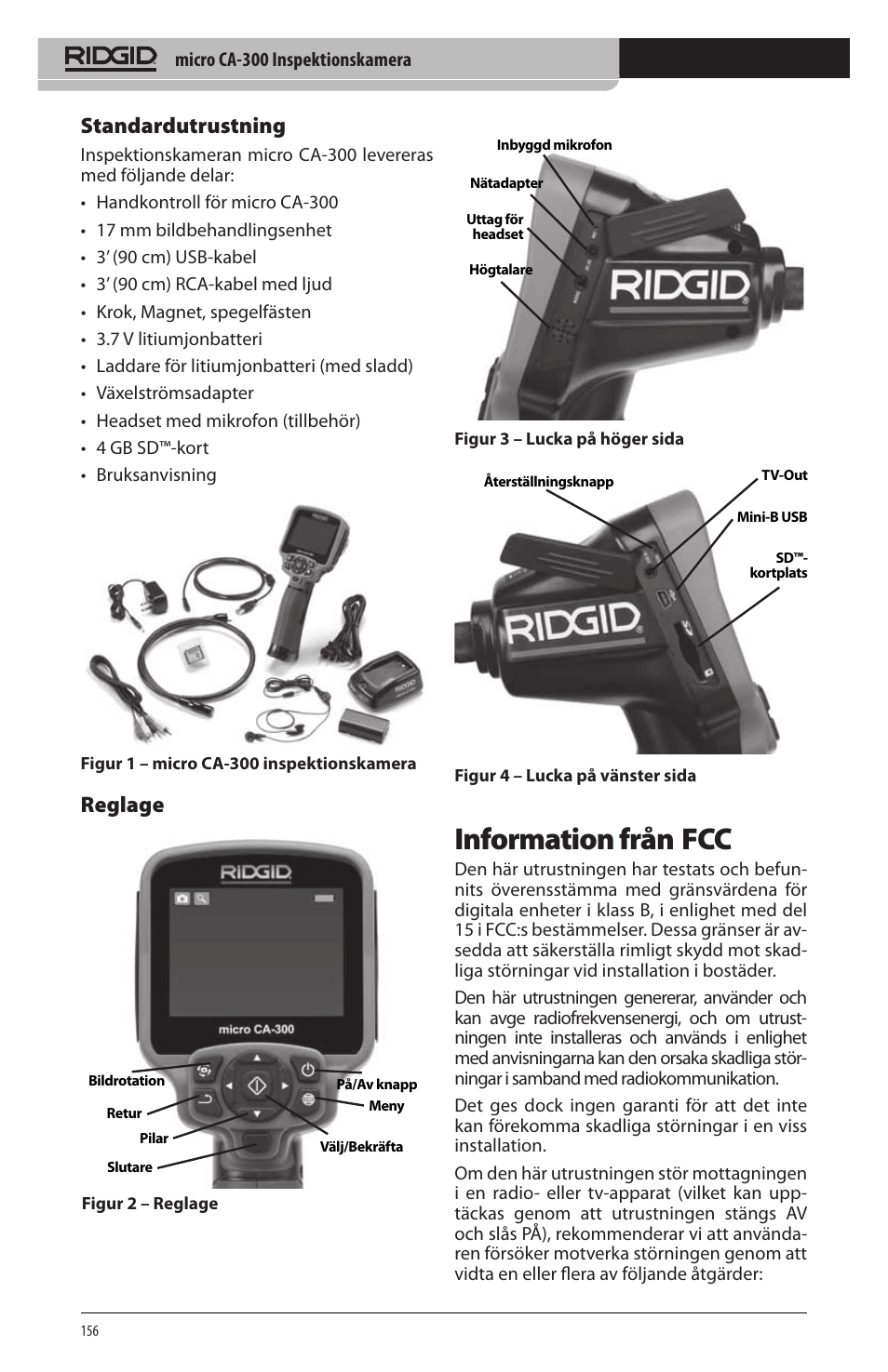 Information från fcc, Standardutrustning, Reglage | RIDGID micro CA-300 User Manual | Page 158 / 472