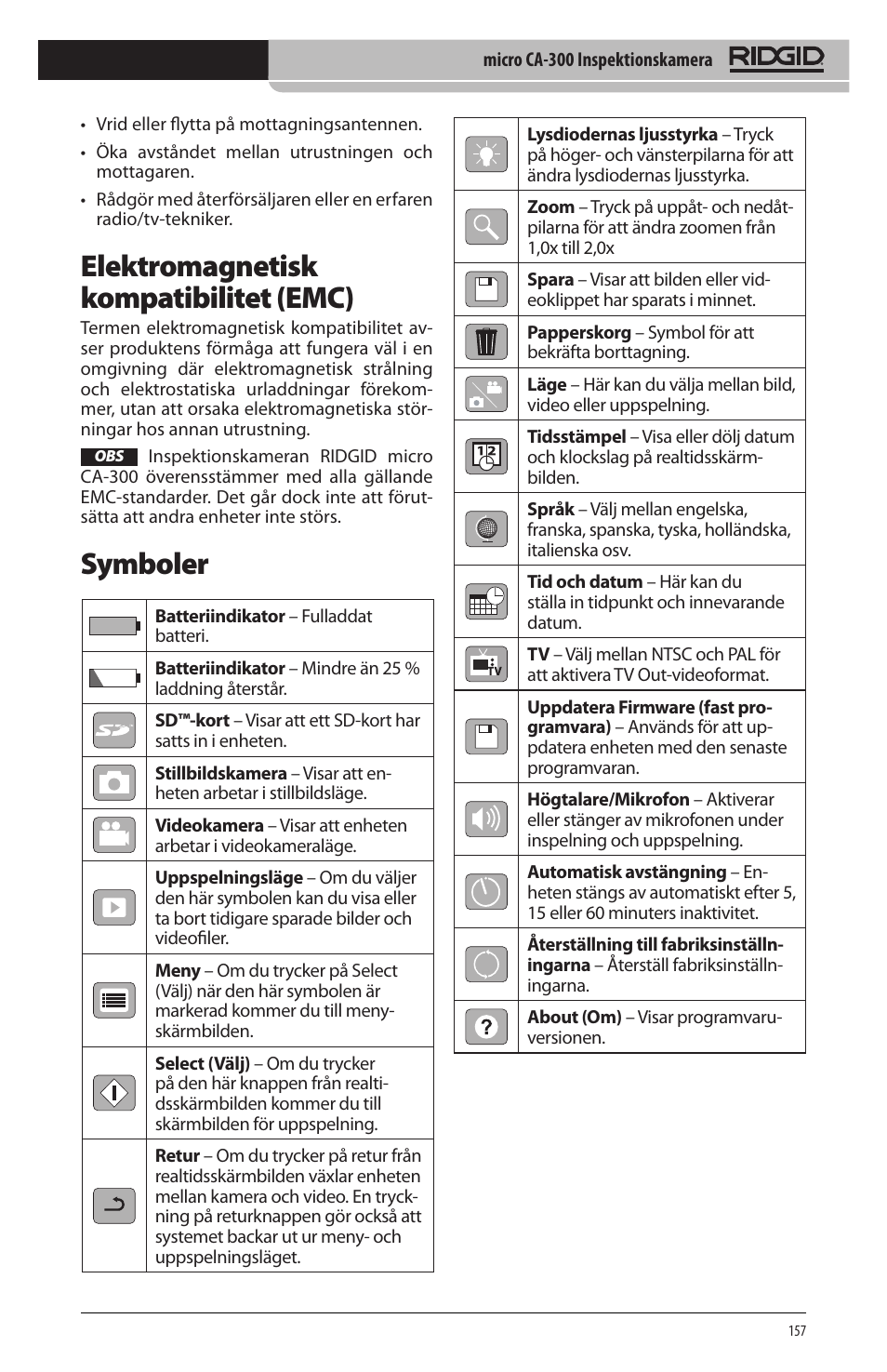 Elektromagnetisk kompatibilitet (emc), Symboler | RIDGID micro CA-300 User Manual | Page 159 / 472