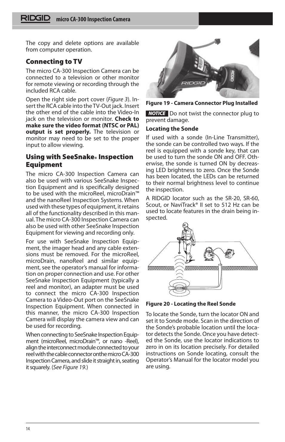 Connecting to tv, Using with seesnake, Inspection equipment | RIDGID micro CA-300 User Manual | Page 16 / 472