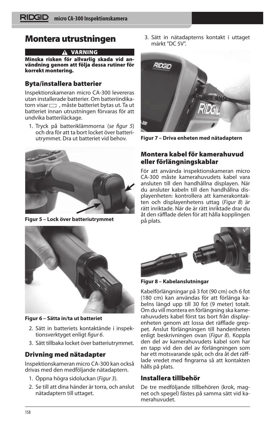 Montera utrustningen, Byta/installera batterier, Drivning med nätadapter | Installera tillbehör | RIDGID micro CA-300 User Manual | Page 160 / 472