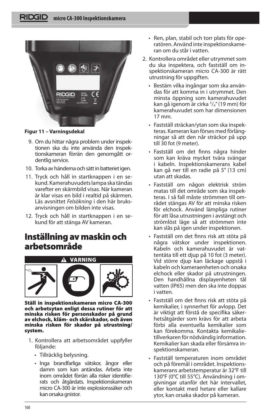 Inställning av maskin och arbetsområde | RIDGID micro CA-300 User Manual | Page 162 / 472
