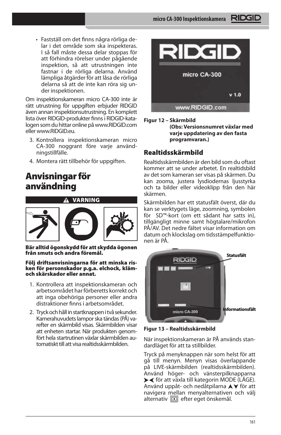 Anvisningar för användning, Realtidsskärmbild | RIDGID micro CA-300 User Manual | Page 163 / 472