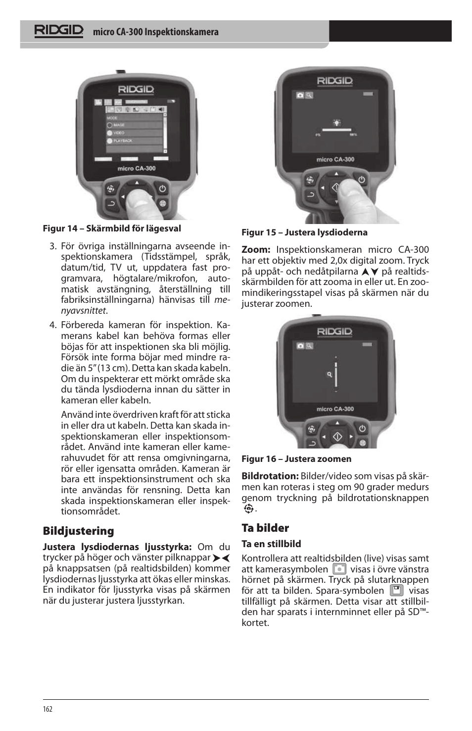 Bildjustering, Ta bilder | RIDGID micro CA-300 User Manual | Page 164 / 472