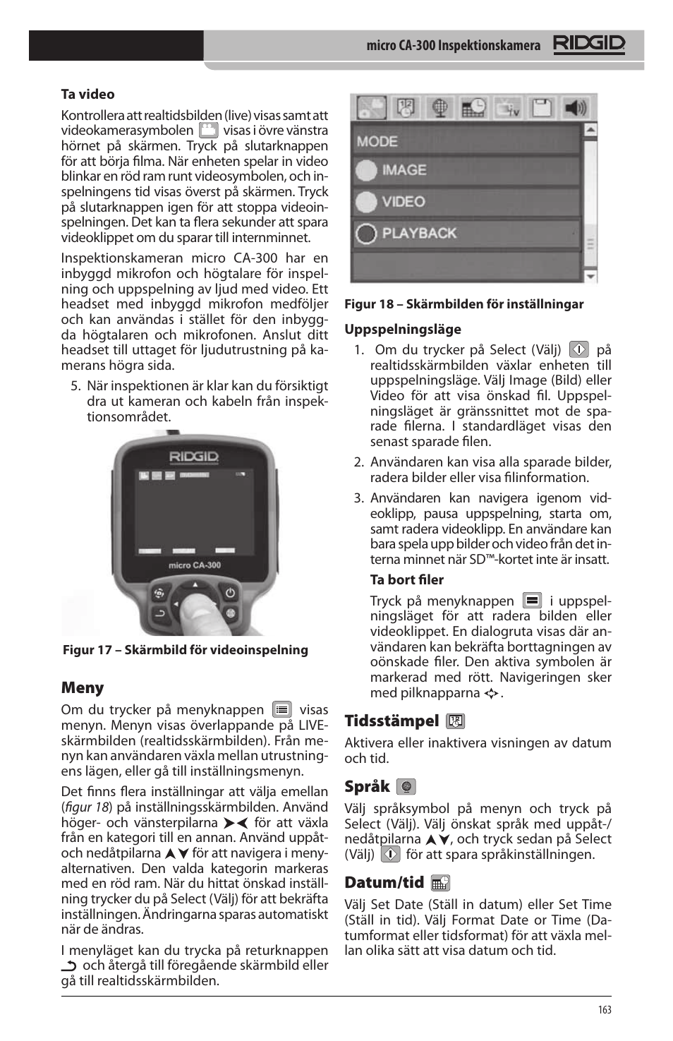 Meny, Tidsstämpel, Språk | Datum/tid | RIDGID micro CA-300 User Manual | Page 165 / 472